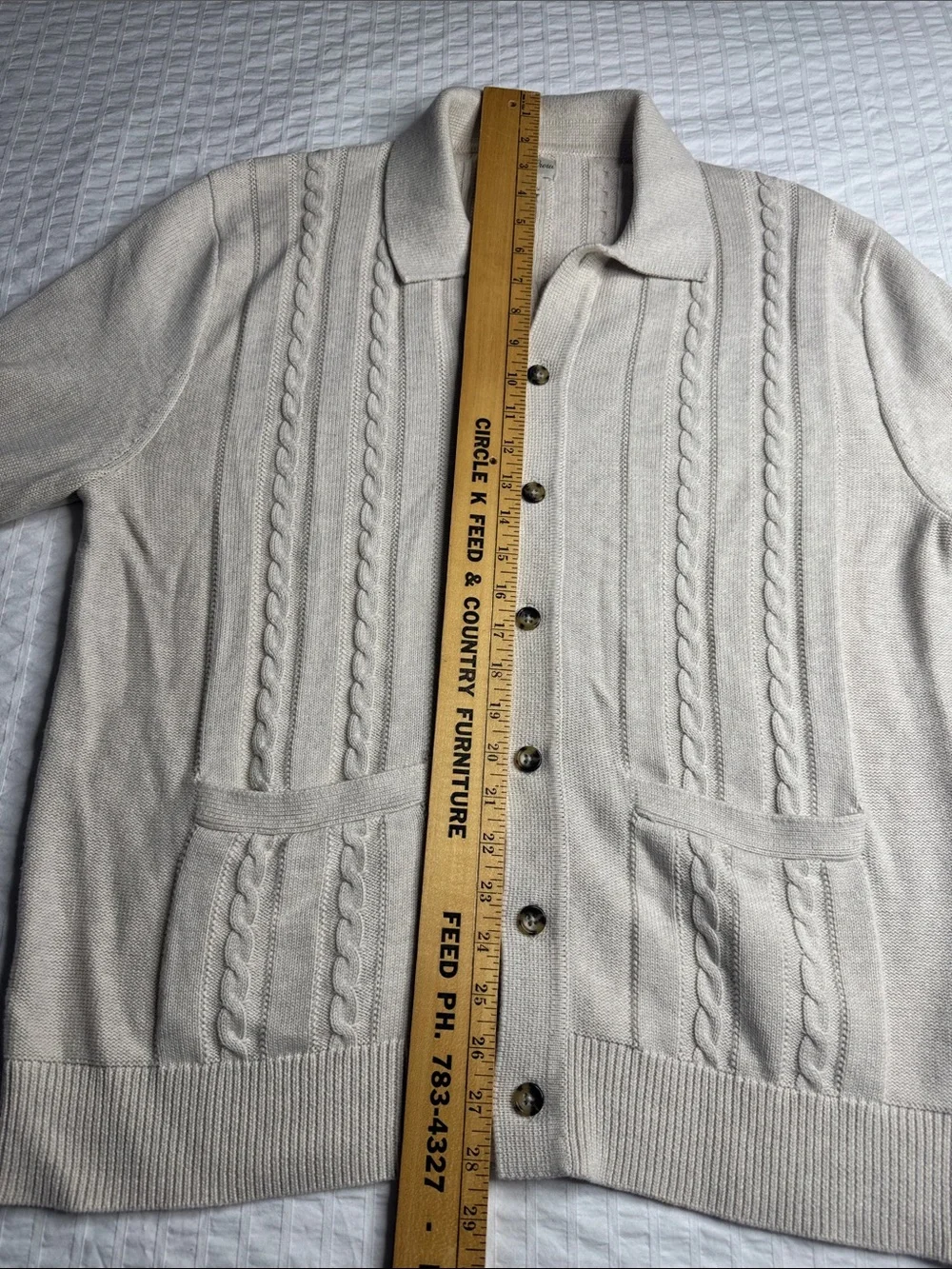J. Crew Men's Cream Cable Knit Polo-Style Button Cardigan Size L - 100% Cotton